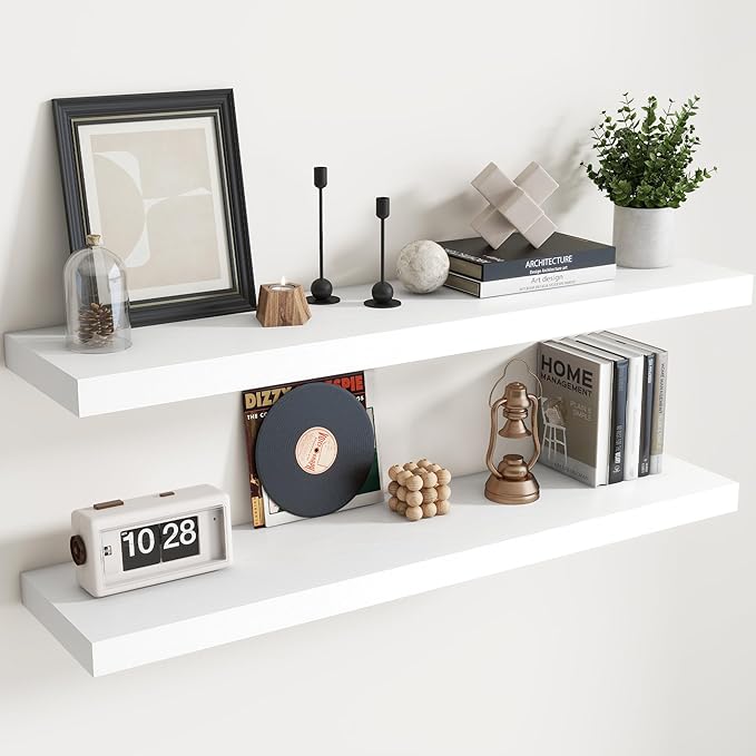 Floating Shelves for Wall with Invisible Brackets, Wall Mounted Engineered Wood Shelves with Wood Grain for Living Room, Bedroom, Bathroom, Kitchen Decor and Storage, Oak, 48"L Set of 2, White