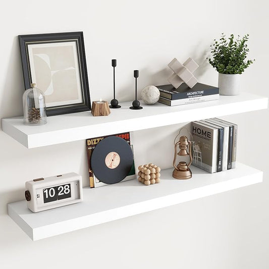 Floating Shelves for Wall with Invisible Brackets, Wall Mounted Engineered Wood Shelves with Wood Grain for Living Room, Bedroom, Bathroom, Kitchen Decor and Storage, Oak, 48"L Set of 2, White