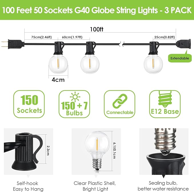 Mlambert 300Ft(3x100Ft) LED Outdoor String Lights Dimmable Waterproof G40 Globe Patio Lights with 150+7 Warm White Bulbs for Backyard Cafe-Black Cord