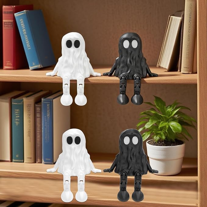 4Pcs Halloween Decorations,Ghost Decor Shelf Sitter Decorations, Outdoor,3D Printed Resin Statue, Joint Movable Figurines Bookshelf/Desk Centerpiece Shelf & Mantel Display for Halloween