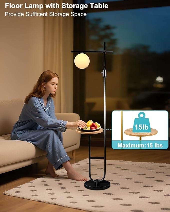 Lightdot 66IN Black Dimmable Floor Lamps with Storage Table, Modern Standing Tall Lamp with Milky White Globe Lampshade, Cross-Shaped Lamp Head and U-Pole Base Style for Living Room/Bedroom/Office
