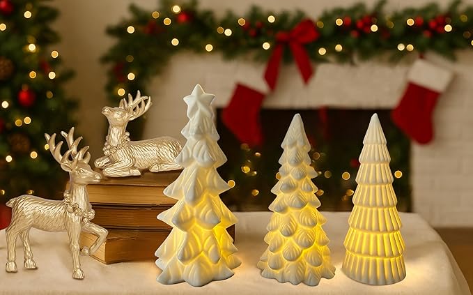 Lighted Ceramic Christmas Tree Decor 3Pcs Small White Christmas Trees with Lights Xmas Tree Figurines for Tabletop Mantel Shelf Fireplace Holiday Decorations for Home and Gift