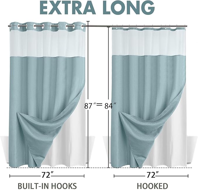 YellyHommy No Hook Shower Curtain with Snap in Liner Set Less Waffle Shower Curtain for Bathroom (Cyan, 87" L x 72" W)