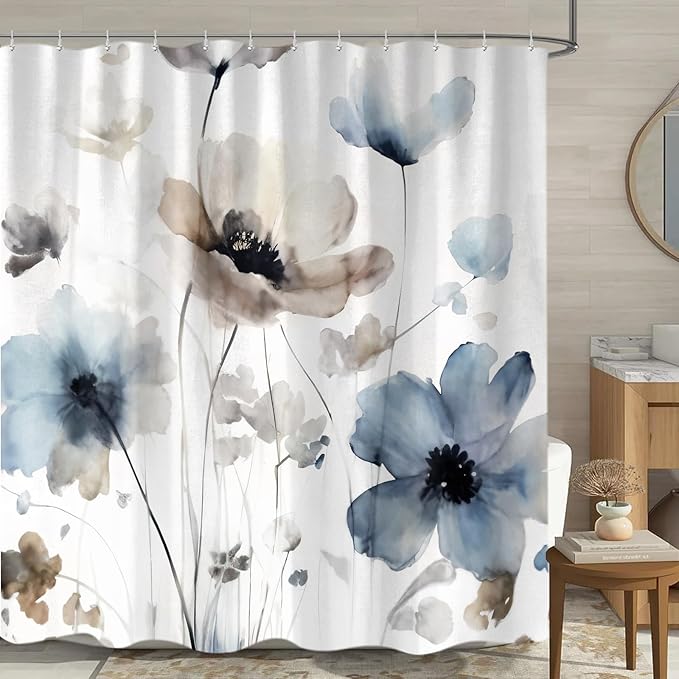 Sanzugh Boho Floral Extra Long Shower Curtain, Cute Cream Tan Beige Blue Grey White Watercolor Flower Fabric Shower Curtains Set for Bathroom Decoration with Hooks 72 X 96 inch Farmhouse Bath Decor