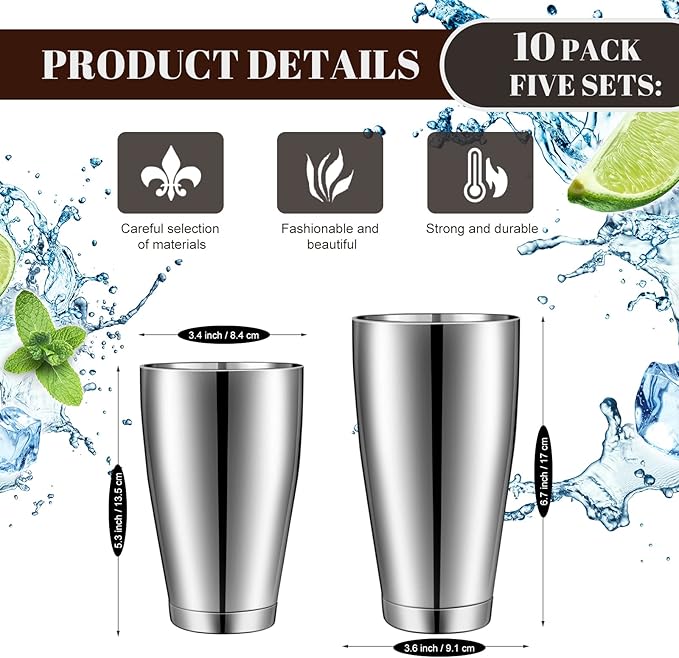 10 Pcs Cocktail Shaker Tin Set, Professional Bar Shaker Boston Cocktail Shakers, Weighted Shake Can, Stainless Steel Martini Shaker Drink Mixer Basic Tools for Bartending and Home Bar - 18oz & 28oz