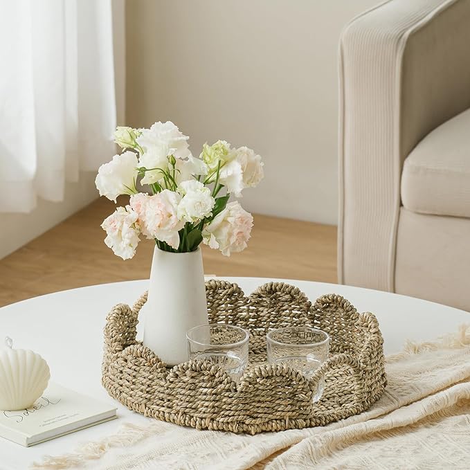 Wicker Tray, Handwoven Woven Tray with Handles and Scalloped Edge, Round Wicker Basket for Home Decor and Organizing, 13" L x 13" W x 3.5" H