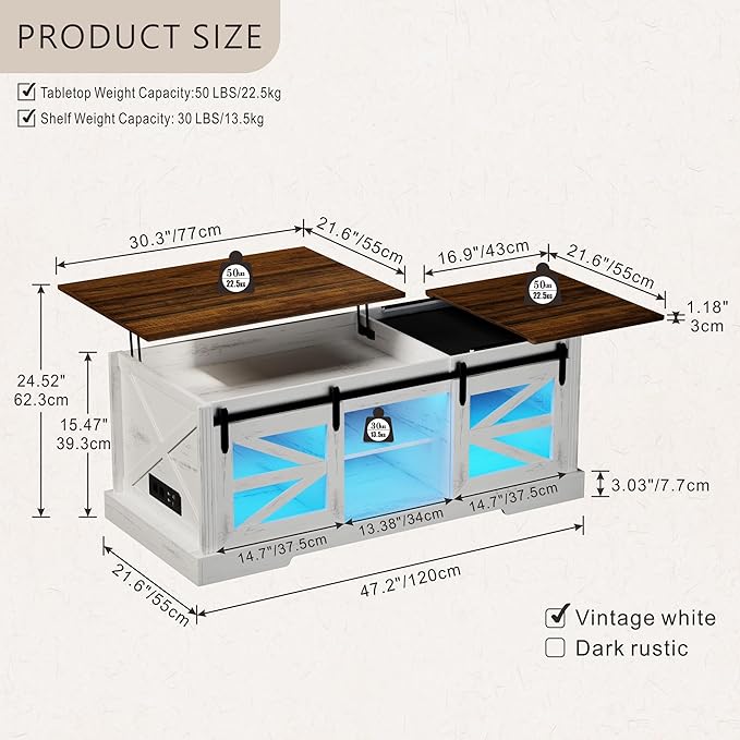 Farmhouse Coffee Table, Lift Top Coffee Table with Gun Cabinet, 2 Sliding Barn Doors-Large Storage and 3 Color LED Lights fit Modern Rectangular Rustic Living Room Center Table,White
