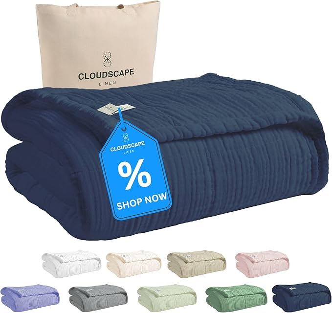 Cloud Scape Linen Extra Large 4 Layer Muslin Throw Blanket - 100% Cotton Gauze, Lightweight & Breathable All Season, Pre-Washed, for Couch & Bed, 50x70, Ensign Blue