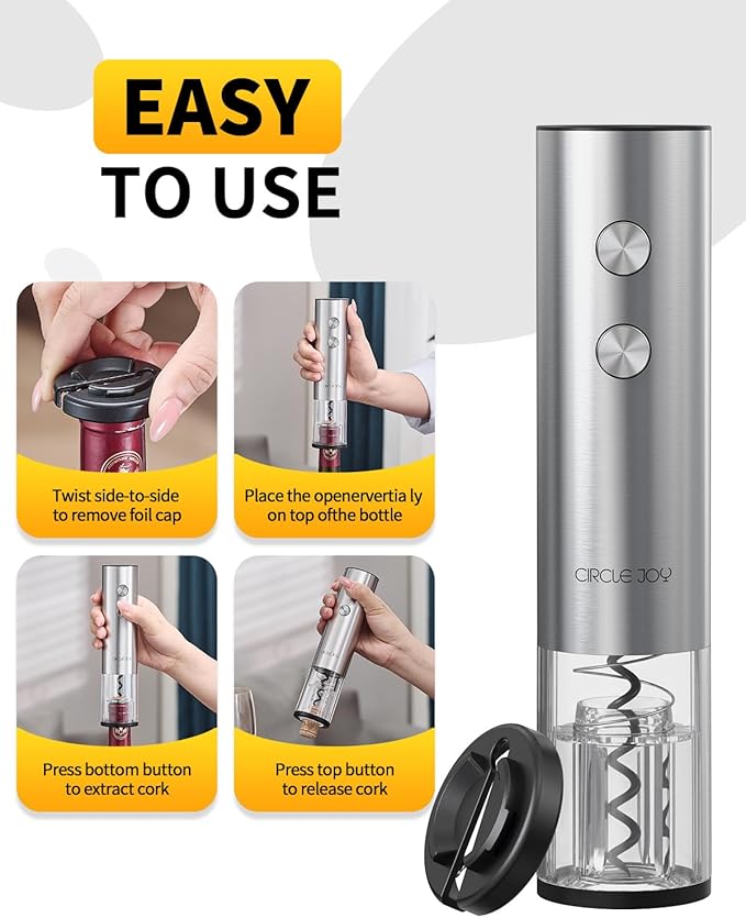CIRCLE JOY Rechargeable Electric Wine Opener Set 8-in-1 Stainless Steel Automatic Wine Bottle Opener Gift Set w/Electric Wine Aerator Pourer, Foil Cutter, Wine Drip Ring, Vacuum Pump & 2 Wine Stoppers