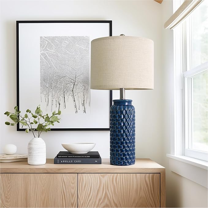 24 inches Modern Ceramic Dark Blue Bedside Lamp Set of 2 for Bedroom Decor Farmhouse Table Lamp for Living Room Office Dorm