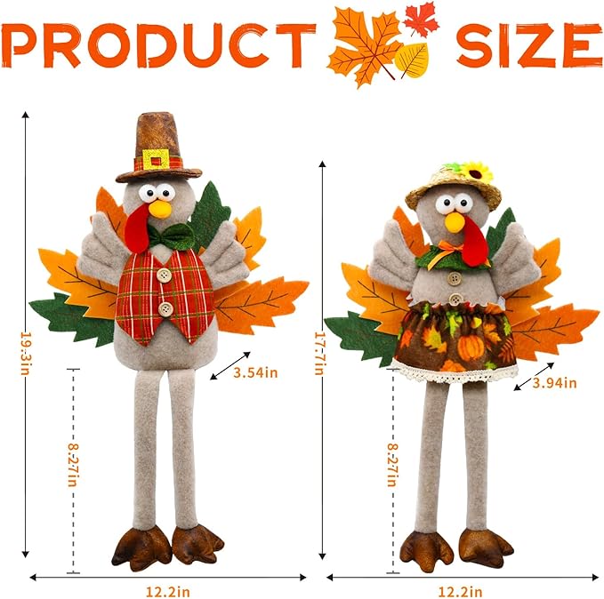 Thanksgiving Turkey Decorations Indoor, Stuffed Turkey Animal Plush Couple, Fall Harvest Home Kitchen Decor, Thanksgiving Tabletop Centerpieces Decorations for Home