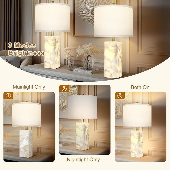 Scenekoy Natural Alabaster Table Lamp Set of 2 with Night Light for Bedroom Living Room, 23" Rotary Switch Bedside Lamp with Linen Shade, Modern Nightstand Lamps for Room Office Dorm (Bulb Included)
