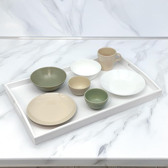 Bam & Boo White Bamboo Serving Tray Extra Large with Handles for Food, Drinks, Storage, Decor, Vanity, Breakfast, Parties, Weddings, Picnics(23.6” x 15” x 2.35”, White)