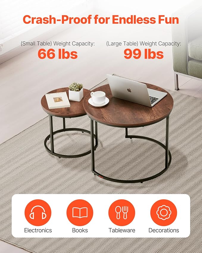 VEVOR Nesting Tables, Coffee Table Set of 2, 23.6 inch Round Coffee Table, Small Coffee Tables Night Stand with Metal Frame, for Living Room, Bedroom, Office (Brown & Black)