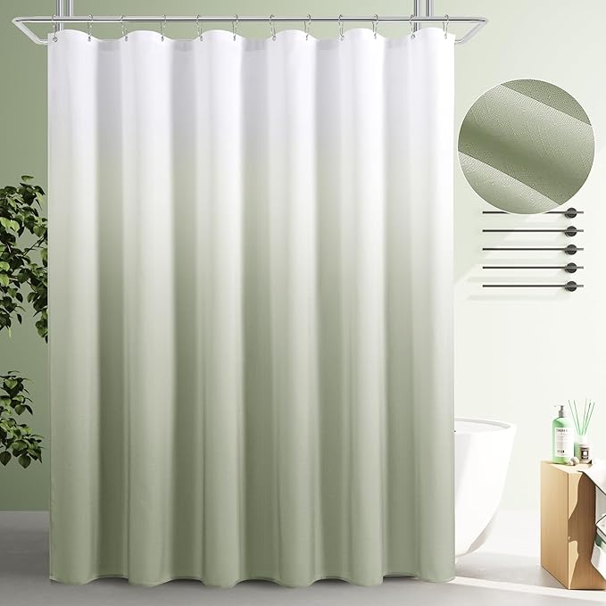 Sage Green Extra Long Shower Curtain 72 x 96, Green and White Linen 96 inch Modern XL Bath Curtains for Bathroom Decor, Washable Morden Fabric Curtains with Hooks