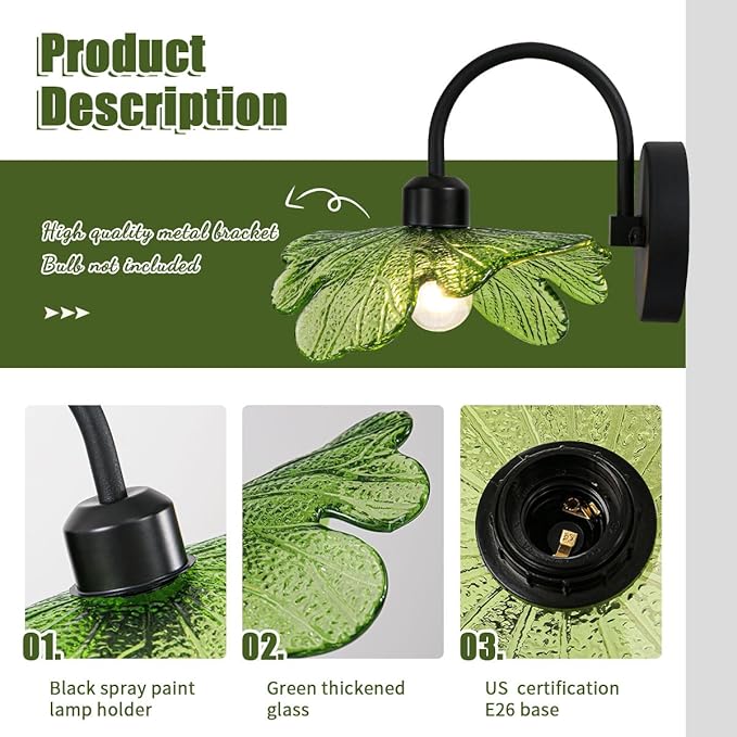 Matte Black Vanity Light Bathroom Wall Sconce 1-Light Vintage Wall Sconce Lights Wall lamp with Green Glass Shade Bathroom Vanity Light Over Mirror for Bedroom Hallway Living Room
