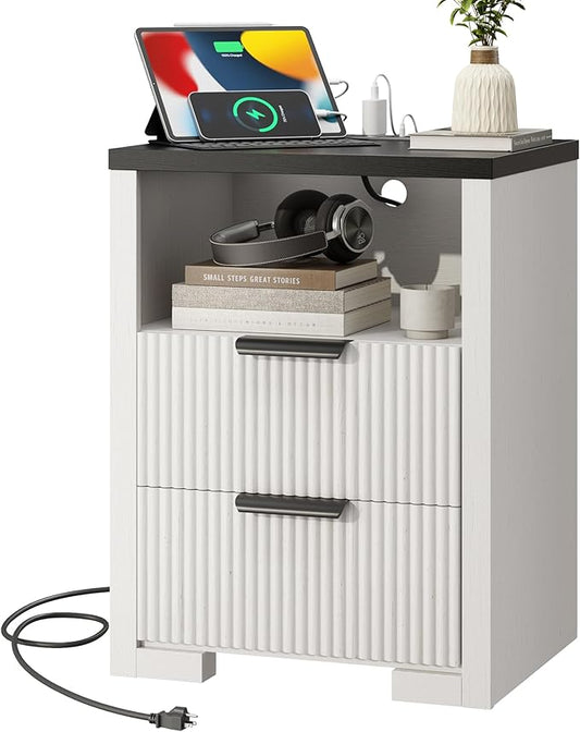 Fluted Nightstand with Charging Station,18" Night Stand with 2 Drawers,End Table with Storage, Bed Side Table for Bedroom, Modern Nightstand for Living Room, White