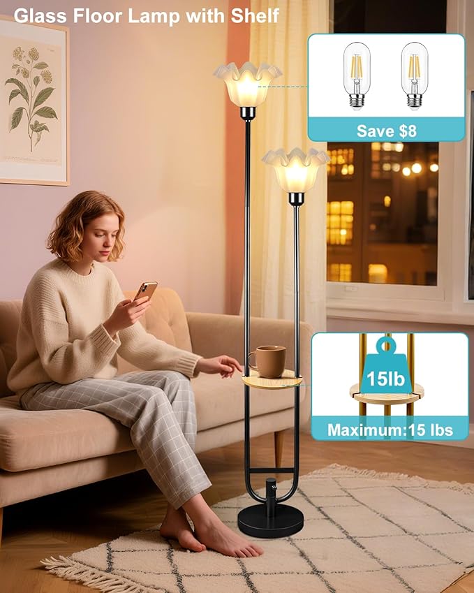 Lightdot Dimmable Flower Floor Lamp for Living Room, Modern Mid Century Floor Lamp with Table, Black Tall Standing Lamp for Bedroom & Home Decor