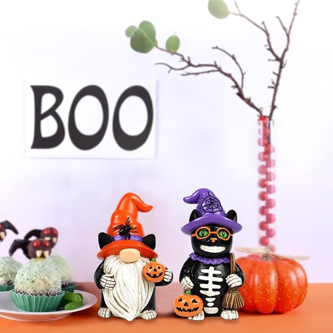 Halloween Gnome Decorations Black Cat Decor 2 PCS Home Vintage Figurines Funny Resin Tabletop Ornaments Indoor Holiday Collectible Statue for Women Men Kids