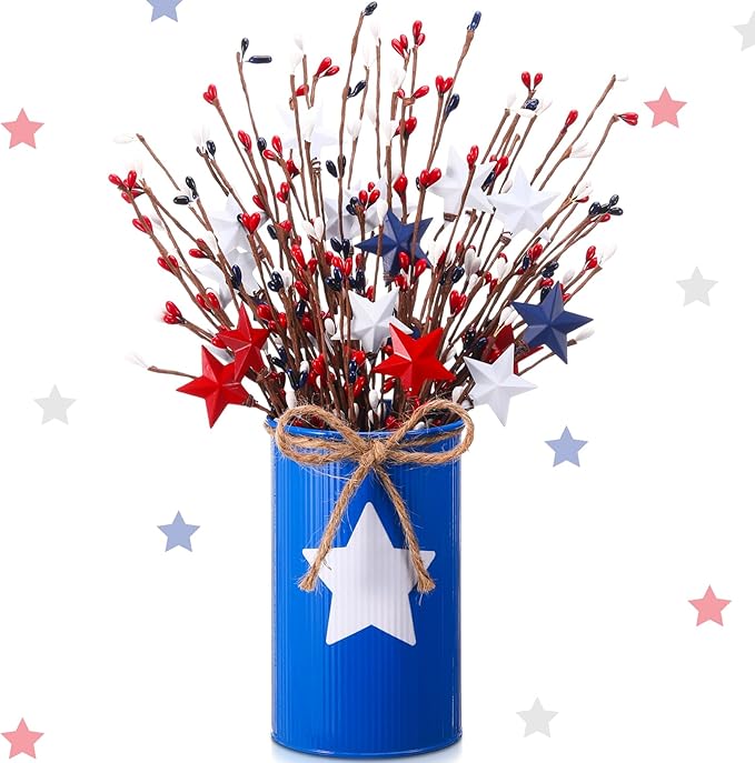 4th of July Table Centerpiece Decoration Patriotic Artificial Flower Stems Star Shaped Berry Picks with Metal Vase Pot for Independence Day Memorial Day Office Home(Blue and White)