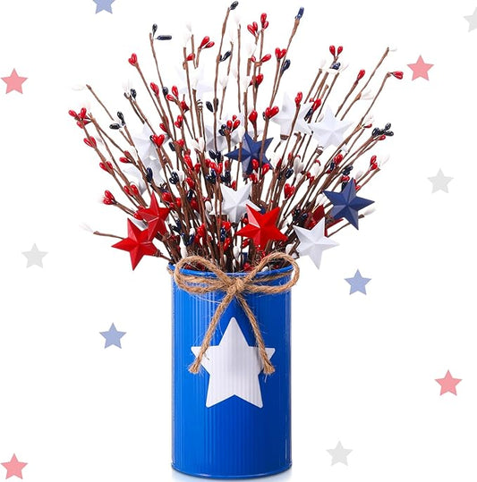 4th of July Table Centerpiece Decoration Patriotic Artificial Flower Stems Star Shaped Berry Picks with Metal Vase Pot for Independence Day Memorial Day Office Home(Blue and White)