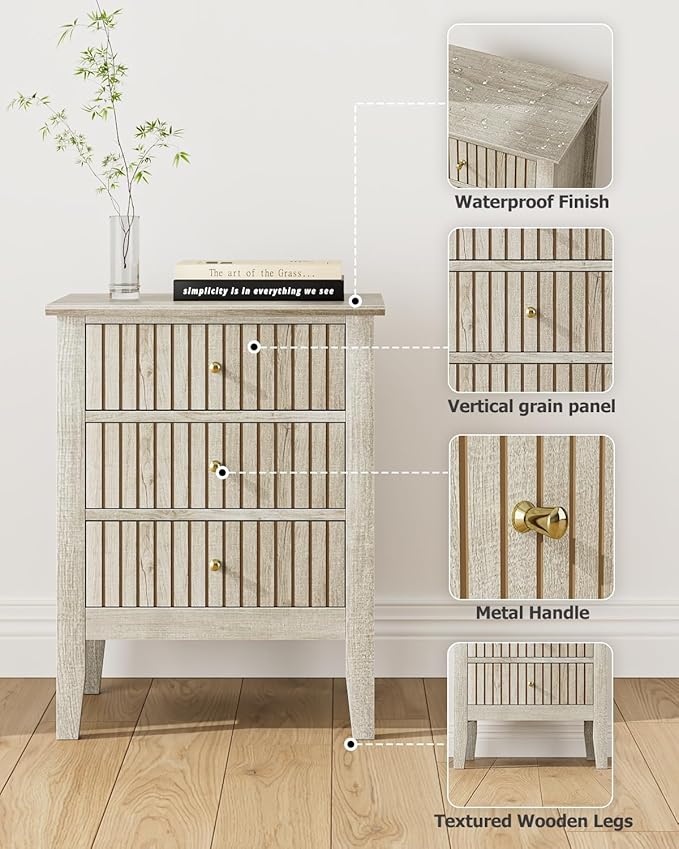 Night Stand, Fluted Nightstand Bedside Tall Farmhouse Nightstand with 3 Drawers, Mid Century Modern Side Accent Table,Bedside End Table for Bedroom, Living Room, Beige