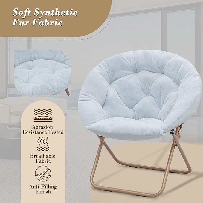 Athena Collection Saucer Chair with Ottoman Comfy Chair for Bed Room Living Room Folding Round Cozy Chair Faux Fur Metal Frame Foldable Lazy Chair Accent Chair Reading Chair Set of 2, Blue