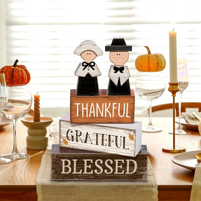 4 Pcs Fall Table Decor Pilgrim Couple Wooden Sign Thanksgiving Tiered Tray Decor Fall Centerpiece Rustic Decorative Pilgrim Block Signs Gift Farmhouse Autumn Decoration for Home Kitchen