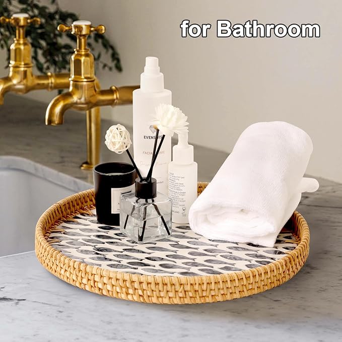 Round Rattan Tray with Mother of Pearl Inlay, Rattan Serving Tray for Coffee, Bread, Fruits, Decorative Wicker Tray for Table Decor, Home Decor, Kitchen Island Decor (Dark Blue Fish, 11.8")