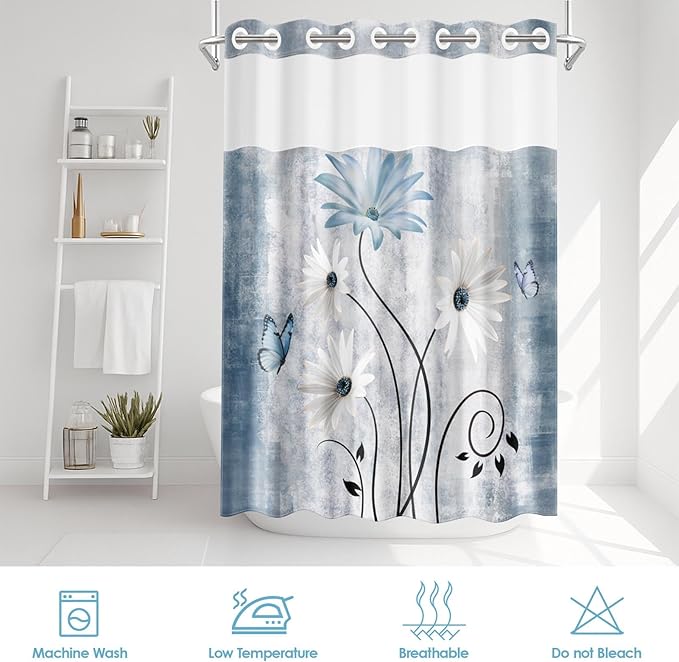 No Hook Rustic Farmhouse Shower Curtain with Snap in Fabric Liner Set, Blue Daisy Flowers and Butterfly on Country Wooden Double Layers Waterproof with See Through Top Bath Curtain 71x74 Inch