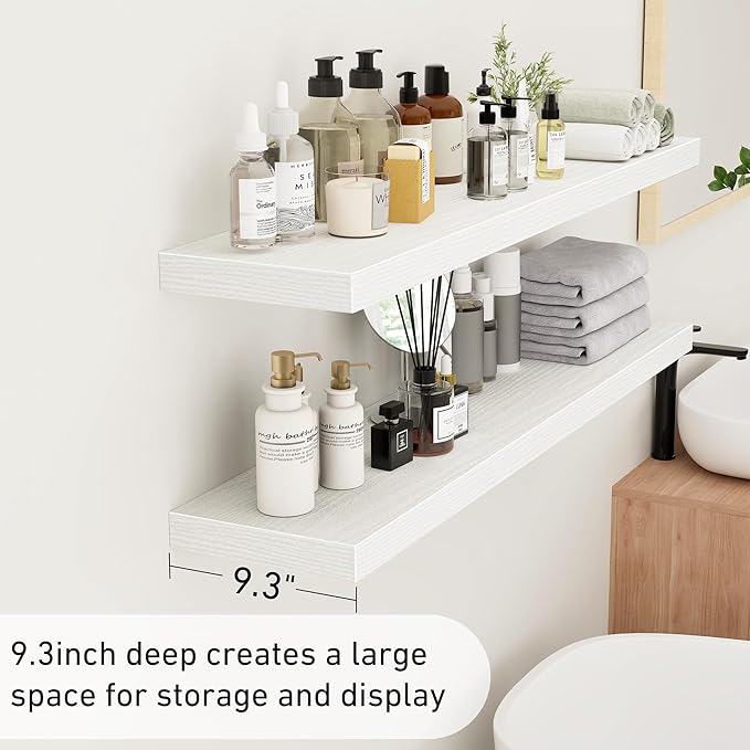Fun Memories 48Inch Floating Shelves, 9.3Inch Deep Rustic Wall Shelves - Extra Deeper & Thicker Wall Mounted Storage Shelf for Kitchen, Farmhouse - Set of 2 - Rustic White