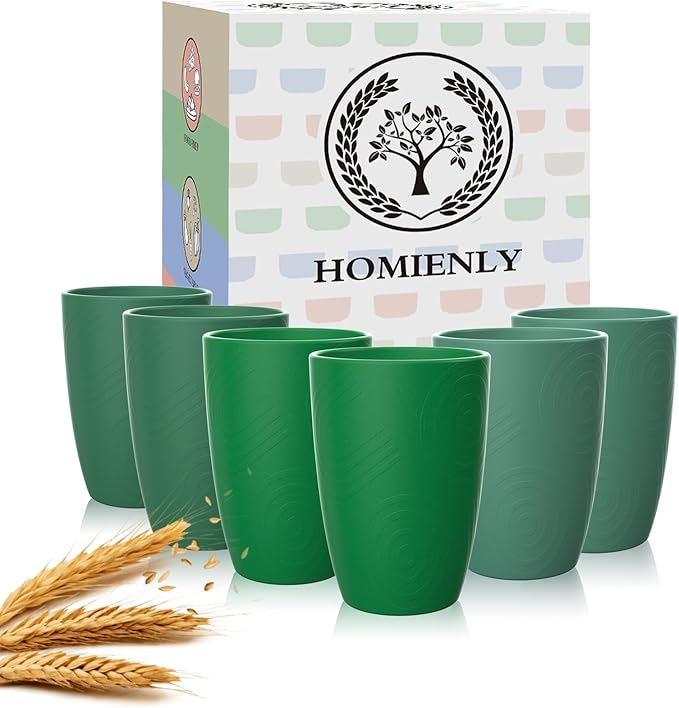 Homienly Wheat Straw Cups Plastic Cups Unbreakable Drinking Cup Reusable Dishwasher Safe Water Glasses (12 OZ Forest Series)