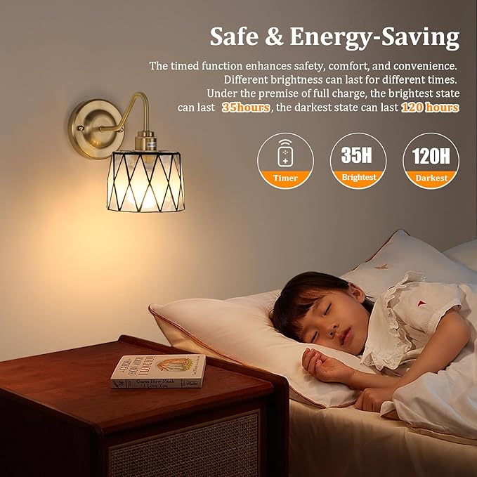 Vintage Battery Operated Wall Sconce Set of 2, 5000mAh Rechargeable Wall Lamp 12 RGB Colors Dimmable, Gold Lights Fixture for Bedroom Bathroom Living Room Hallway Clear Checker