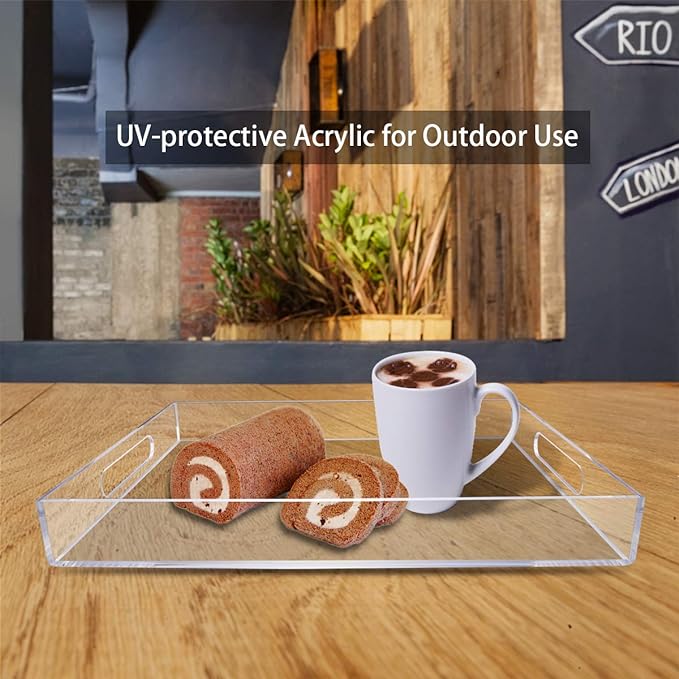 NIUBEE Acrylic Serving Tray 11x14 Inches -Spill Proof- Clear Decorative Tray Organiser for Ottoman Coffee Table Countertop with Handles