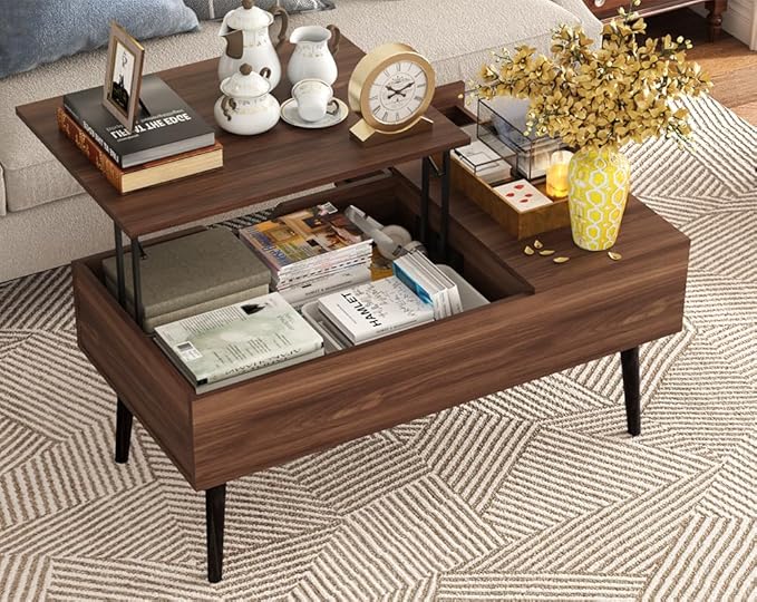 HAIOOU Lift Top Coffee Table with Storage, Mid Century Modern Coffee Tables with Drawer for Living Room,Walnut Rectangular Center Table with Pine Leg Anti-Scratching, Home, Office