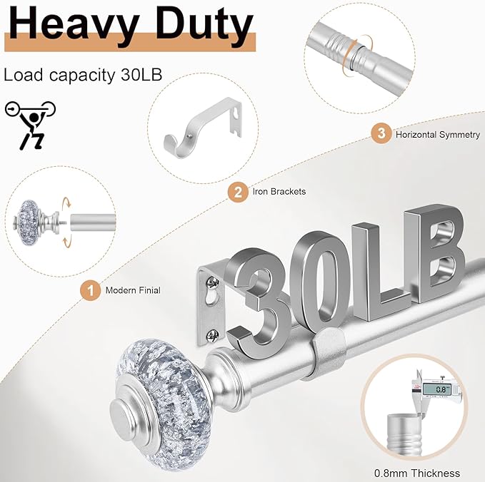 2 Pack Silver Curtain Rods for Windows 48 to 84 Inch, Decorative Vintage Crystal 1'' Diameter Curtain Rod with Silver Foil Finials, Adjustable Heavy Duty Easy Install Drapery Pole for Farmhouse