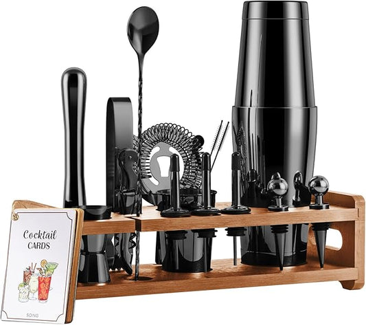 SOING Mixology 24-Piece Bartender Kit,Perfect Home Cocktail Shaker Set for Drink Mixing,Stainless Steel Bar Tools with Stand,Velvet Carry Bag & Recipes Cards Included