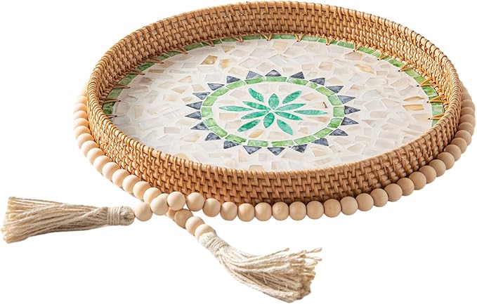 14 inch Round Rattan Tray Home Decor with Wood Bead Garland, Wicker Serving Tray with Mother of Pearl Inlay, Boho Decorative Tray for Coffee Table, Display, Ottoman, Kitchen Table, Bathroom (Bohemian)