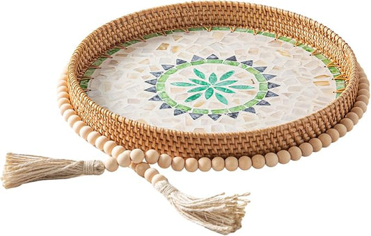 14 inch Round Rattan Tray Home Decor with Wood Bead Garland, Wicker Serving Tray with Mother of Pearl Inlay, Boho Decorative Tray for Coffee Table, Display, Ottoman, Kitchen Table, Bathroom (Bohemian)