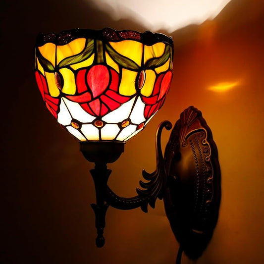 Tiffany Wall Sconce Lamp Blue Stained Glass Flower Style 8X10.5X11 Inch Plug in Wall Bedside Light for Hallway Bedroom (Tulips Style)