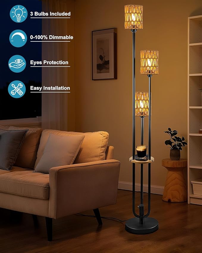 63IN Dimmable Floor Lamp with Shelf, Black Rattan Tall Standing Lamps Candle Holder Style, 3000K Warmwhite Mid Century Modern Floor Lamp for Living Room (Bulbs Included)