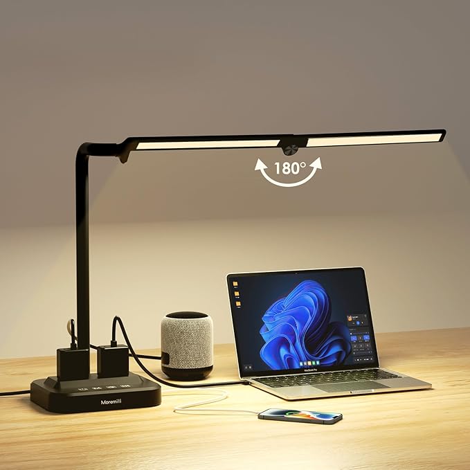 LED Desk Lamp with USB Charging Port: Eye-Care Technology - 1 Type-C, 1 USB-A Charging Port, 2 AC Power Outlets, Desk Lamps for Home Office, Study, Bedroom