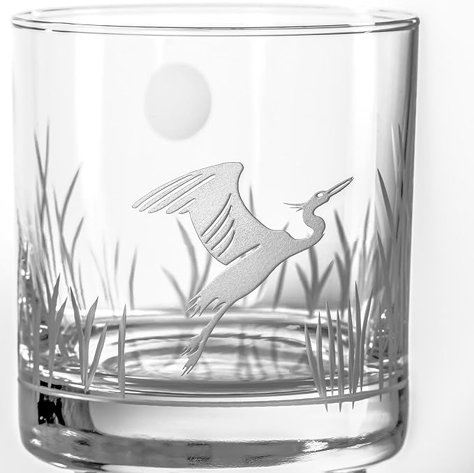 Rolf Glass Heron On the Rocks Glass | Set of 2 Etched 11oz Whiskey Glasses | Made in America | Coastal Bird Design | Diamond-Wheel Engraved and Sand Etched