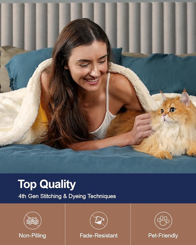 Pawque Super Soft Cozy Throw Blanket Queen Size for Couch Bed, Fluffy Sherpa Fleece Reversible Thick Warm Fuzzy Blanket for All-Season, 3D Checkered Jacquard Decorative Blankets, Cream White, 90"x90"