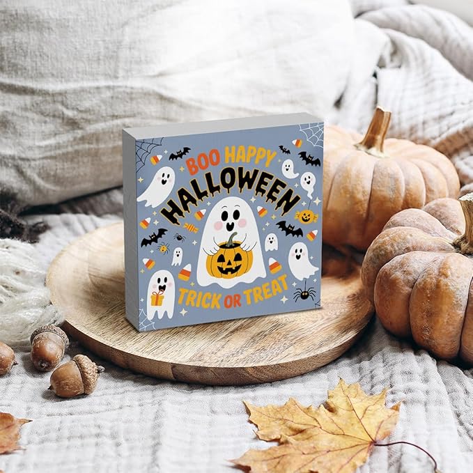 HTBIG Halloween Cute Ghost Boo Happy Hahalloween Trick OR Treat Wooden Box Sign Office Decor Room Decor Suitable family Computer Desk Dressing Table 5 x 5 Inch