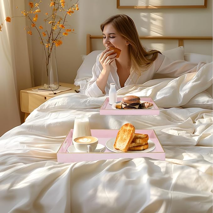 MAONAME Pink Serving Tray Set of 2, Plastic Decorative Trays with Handles, Rectangular Coffee Table Tray for Ottoman, Nesting Trays for Living Room, Bedroom