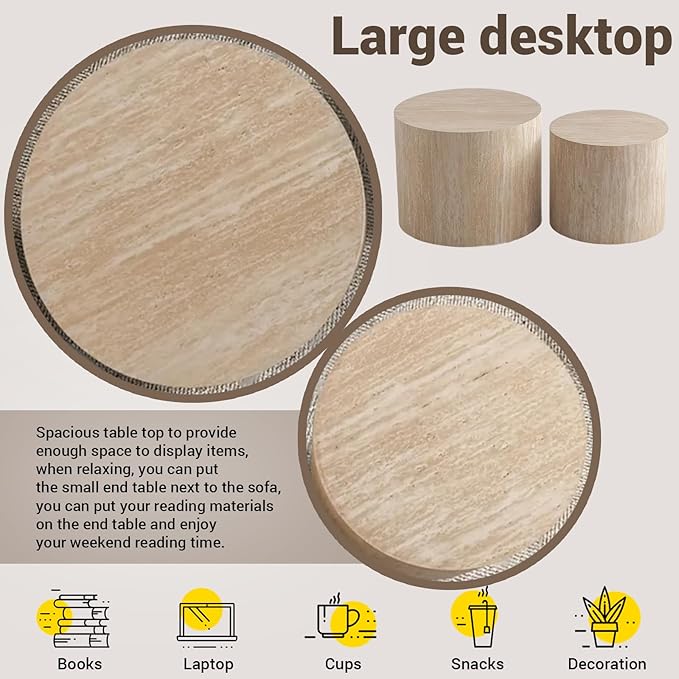 Round Drum Coffee Table Travertine Nesting Coffee Table Set of 2 for Living Room Modern Luxury Wood Side Tables Stacking Accent End Table for Apartment,Travertine