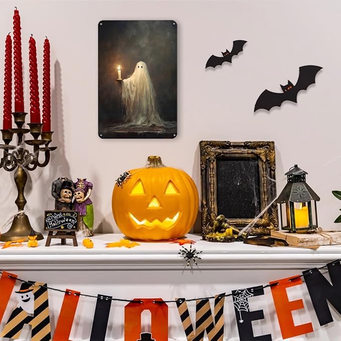 Halloween Ghost Wall Art Decorations Outdoor Indoor Halloween Party Decorations Spooky Home Decor Gifts Vintage Dark Candles Metal Aluminium Plate Sign for Porch Yard Kitchen Bedroom Bathroom