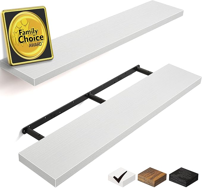 BAYKA Floating Shelves, 36 inch Wall Mounted Rustic Wood Shelves for Bathroom, Bedroom, Living Room, Kitchen, Office, Hanging Shelf for Books/Storage/Decor(White,Set of 2)