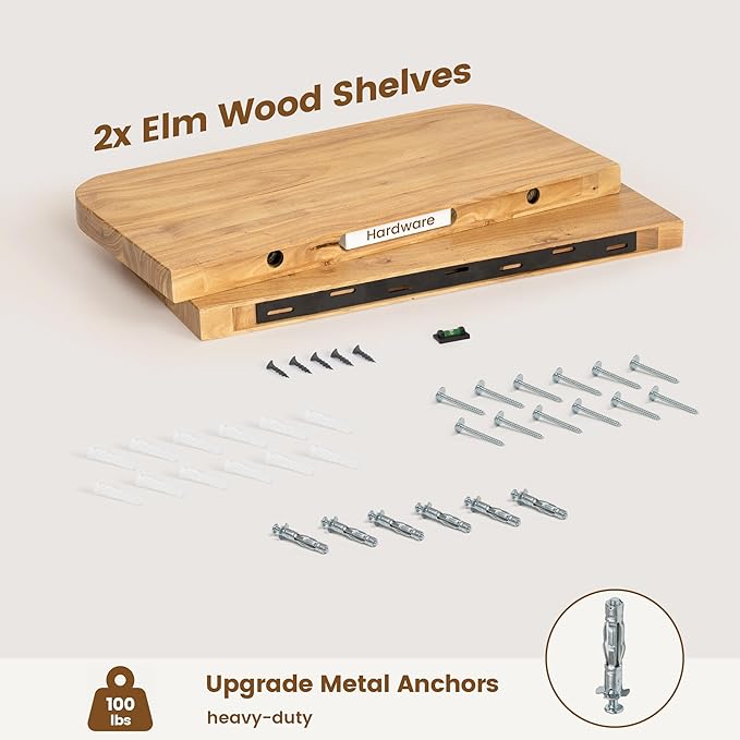 Rustic Elm Wood Floating Shelves for Wall, Round Edge 24"W x 9.2"D x 1.37"H, Set of 2 with Invisible Bracket, Wall Mounted Storage Shelves for Living Room Bedroom Kitchen Bathroom Decor, Natural